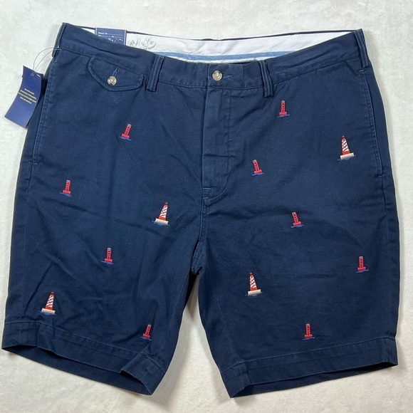 NWT Polo Ralph Lauren 38W Classic Fit Navy Embroidered Lighthouse Summer Shorts - Picture 1 of 12
